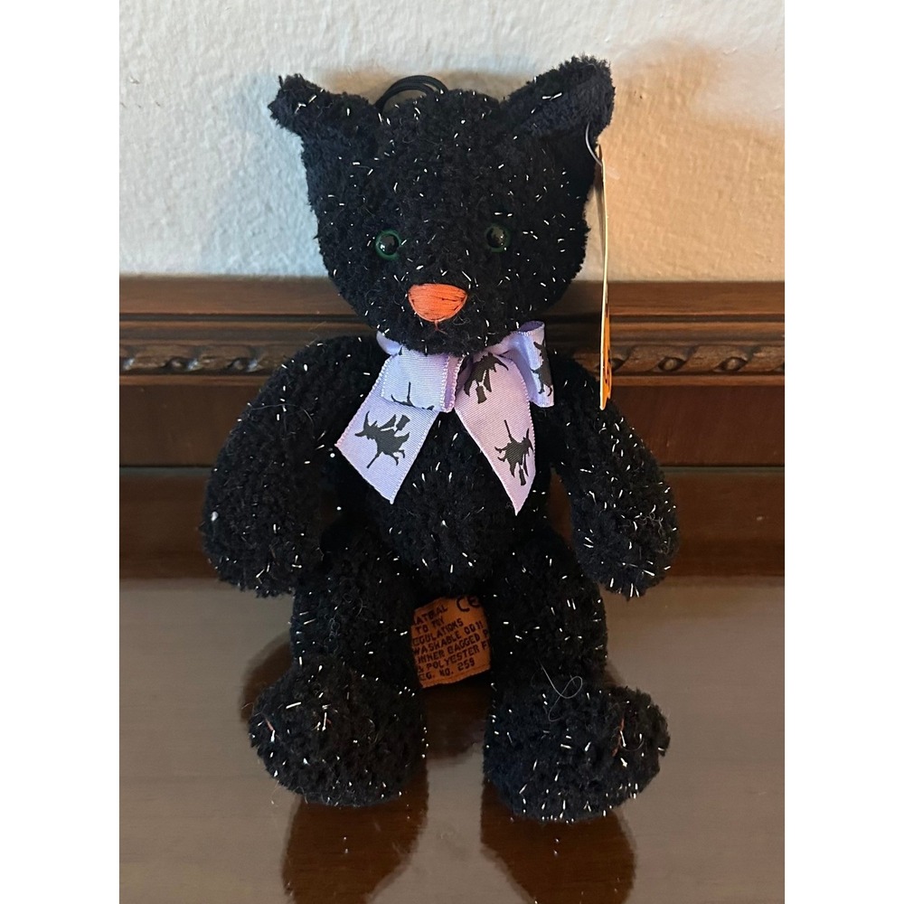 Vintage 2001 Target Halloween Black Cat Plush Tinsel Boucle Witch Ribbon